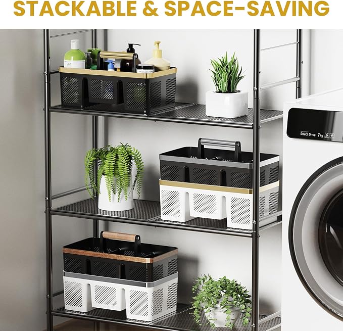 BYUNER Portable Cleaning & Shower Caddy with Handle: Rigid Plastic Basket with 4 Divided Compartments, All-Side Drainage for College Dorm, Bathroom & Utility Use, Black/Gold