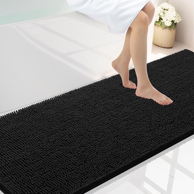 Smiry Luxury Chenille Bathroom Rugs 70x24, Extra Soft and Absorbent Shaggy Bath Mat, Machine Washable, Non-Slip Plush Carpet Runner for Tub, Shower, and Floor, Home Decor Accessories, Black