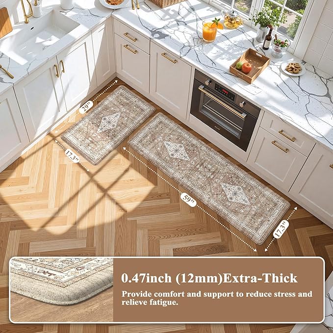 Collive Farmhouse Anti Fatigue Kitchen Mat, Cushioned Kitchen Rug Sets of 2 Waterproof Non Slip Kitchen Floor Mats Ergonomic Comfort Standing Mat for Laundry, Office, Sink, Desk, Cream/Brown