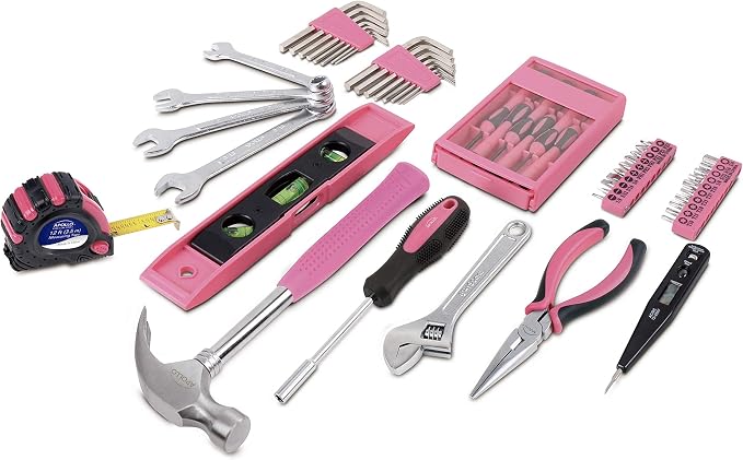 Apollo Tools 53 Piece Household Tool Set Includes Tools and Tool Box with a Selection of Most Needed Tools for Basic DIY Repairs, Maintenance and Crafts - Pink Ribbon