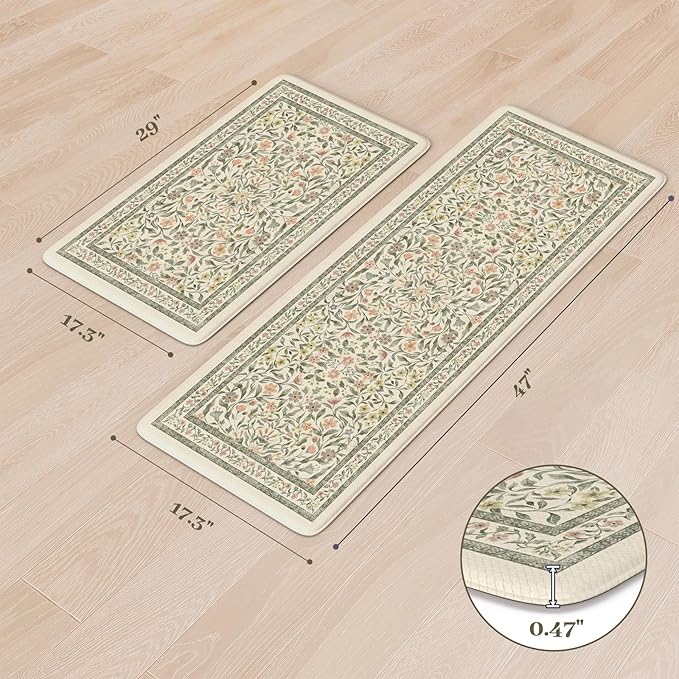 KIMODE Anti Fatigue Kitchen Mats for Floor, Boho Floral Kitchen Rugs Sets of 2, Cushioned Kitchen Floor Mats Non Slip, Comfort Spring Rugs for Kitchen Floor Sink Laundry Desk Beige 17.3"x29"+17.3"x47"