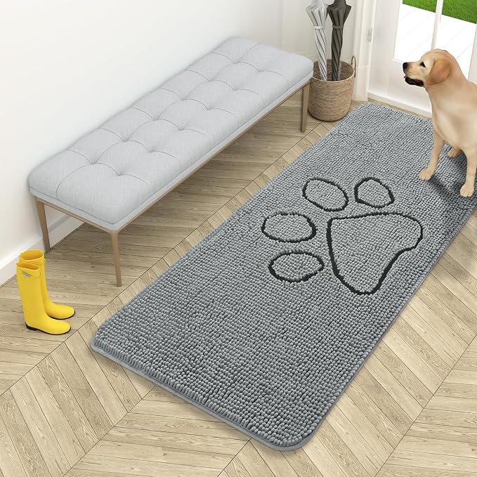OLANLY Dog Door Mat for Muddy Paws 54x24, Paw Print Design, Absorbs Moisture and Dirt, Absorbent Non-Slip Washable Doormat, Quick Dry Chenille Mud Mat for Dogs, Entry Indoor Entryway Carpet, Grey