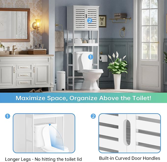 SMIBUY Bathroom Over The Toilet Storage Cabinet, 2 Door Bamboo Cabinet Organizer, Freestanding Space Saver Toilet Rack with Adjustable Inside Shelf and Open Shelf (White)