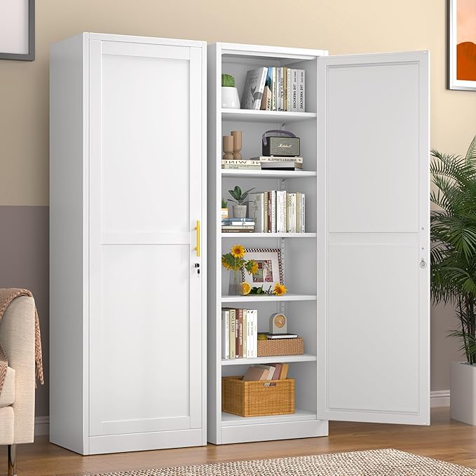 Tall Metal Narrow Bathroom Storage Locker Cabinet 67" H, Tall White Pantry Cabinets with 5 Adjustable Shelves and Lockable Doors for Kitchen, Home Office, Living Room, Dining Room