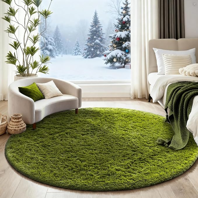 Ophanie Round Rug 6Ft Green Circle Area Rug, Room Decor, Fluffy Fuzzy Bedroom Carpet, Plush Soft Shaggy Living Room Rugs for Kids Home Aesthetic, Nursery