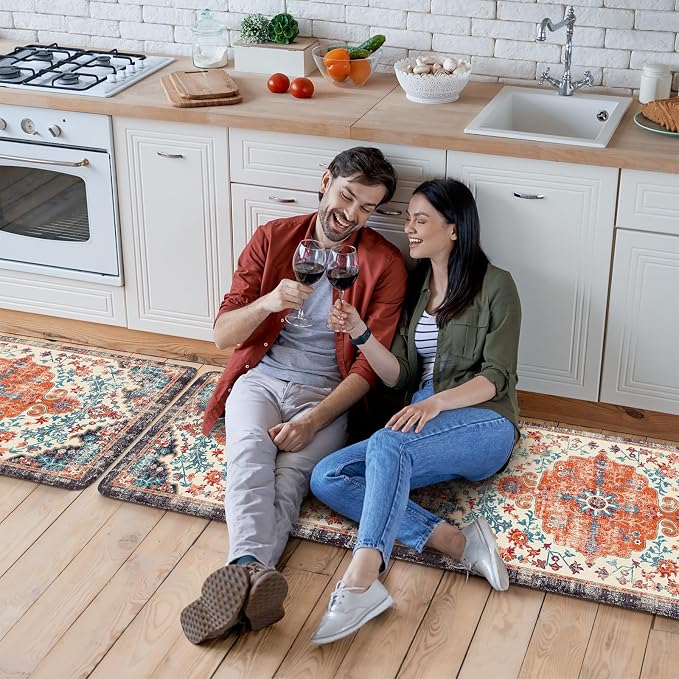 KIMODE Anti Fatigue Kitchen Mats, Boho Vintage Kitchen Rugs - Sets of 2, Cushioned Non Slip Comfort Rugs for Kitchen Floor, Sink, Laundry, Desk - Orange/Purple 20"x47"+20"x32"