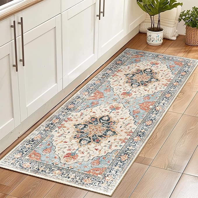 RELEANY Area Rugs Runner 2'x6' Washable Non-Slip, Floral Vintage Distress Medallion Carpet for Kitchen Hallway Bedroom Beside Laundry Room Bathroom, Beige Navy Blue Orange Colorful