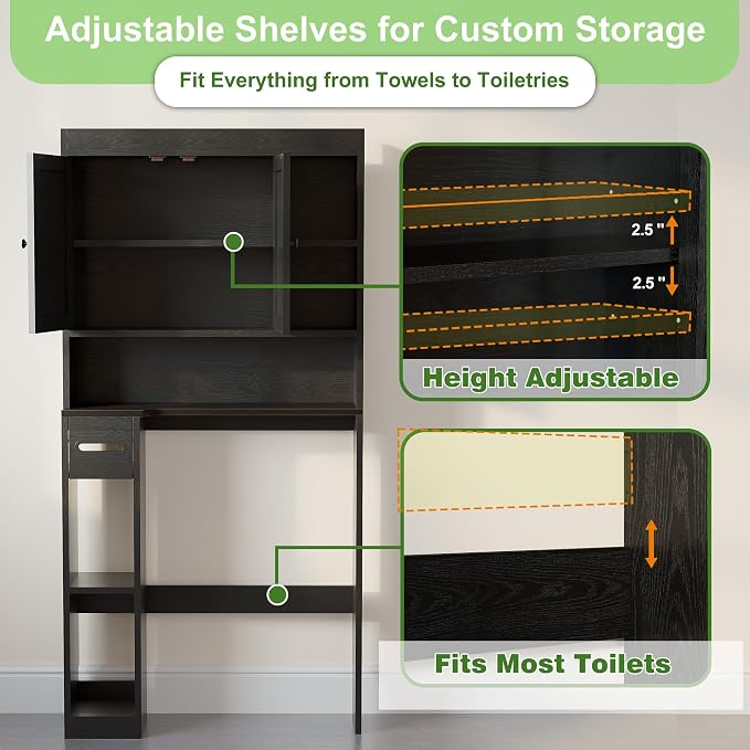 Over The Toilet Storage Cabinet with 7 Shelves, Imitation Walnut Grain Above Toilet Bathroom Organizer with Toilet Paper Holder Stand, Space Saver for Restroom, Laundry, Bathroom (Black)