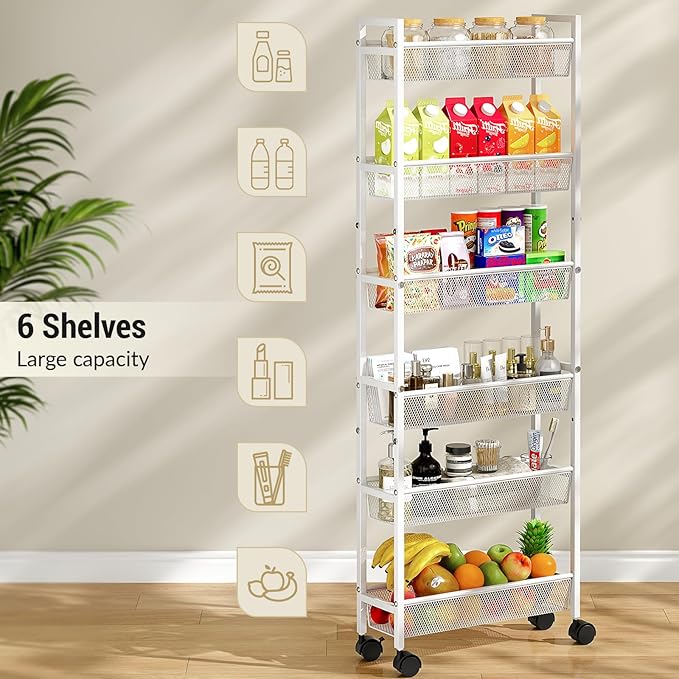 ThreeHio 6 Tier Slim Storage Cart, Narrow Cart with Wheels, Metal Mobile Shelving Unit Organizer for Bathroom, Kitchen, Laundry Room, Living Room & Narrow Spaces, White, 6in(W)