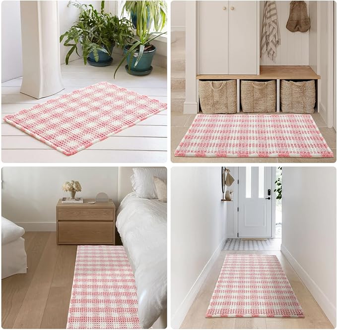 TYUU Waffle Bath Mat, Boho Bathroom Rugs Non Slip Washable Absorbent Checkered Bathroom Mat Quick Dry Cute Bath Mat, 30"x20" Pink and White