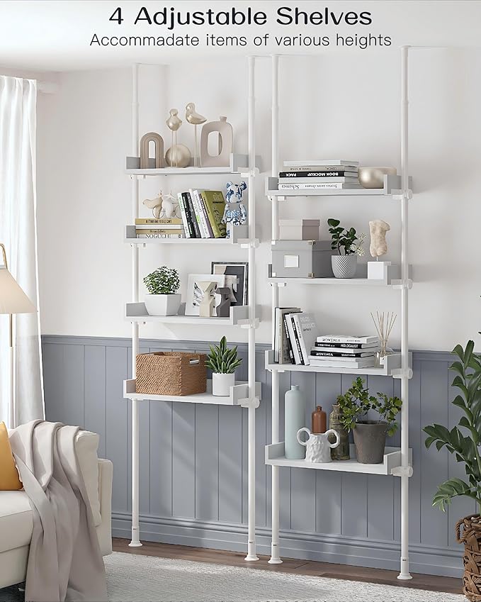 ALLZONE Bathroom Organizer, Over The Toilet Storage, 4-Tier Adjustable Wood Shelves for Small Rooms, Saver Space Rack, Narrow Cabinet, 92 to 116 Inches Tall, White
