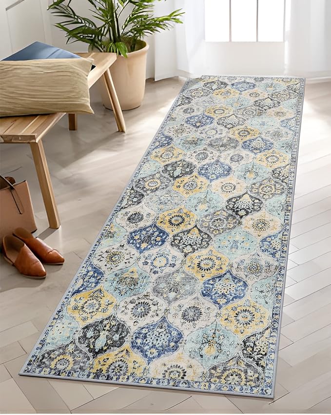 Lahome Moroccan Washable Hallway Runner Rug, 2'5''x8' Ultra-Thin Carpet Runners for Hallways Kitchen, Oriental Non-Slip Laundry Room Rug for Entryway Bedroom Bathroom Elise, Yellow/Aqua