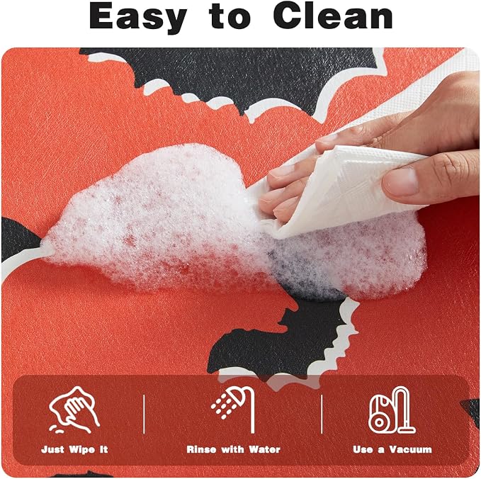 TYUU Halloween Bath Mat, Thin Halloween Bathroom Rug Non Slip Quick Dry Bat Bath Mat Fits Under Door Thin Floor Mat Halloween Decor, 17''x30'', Gothic Bats Orange