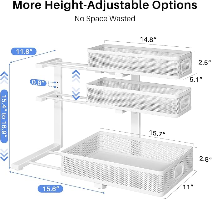 Under Sink Organizer, 1-Pack 3-Tier Thickened Metal Pull out Cabinet Organizer Shelf, Height Adjustable Slide out Storage Drawer Rack for Kitchen Bathroom Pantry Laundry Home Organization, White