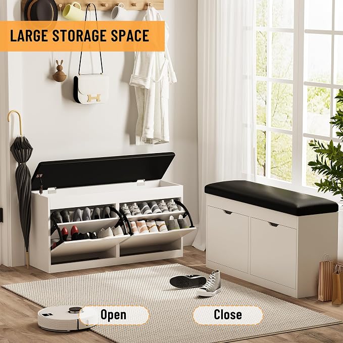 40" Shoe Storage Bench with 2 Flip Drawers & Padded Seat Cushion, Shoe Cabinet with Lift Top Storage Box, Shoe Bench Shoe Organizer for Entryway, Hallway, Living Room, White