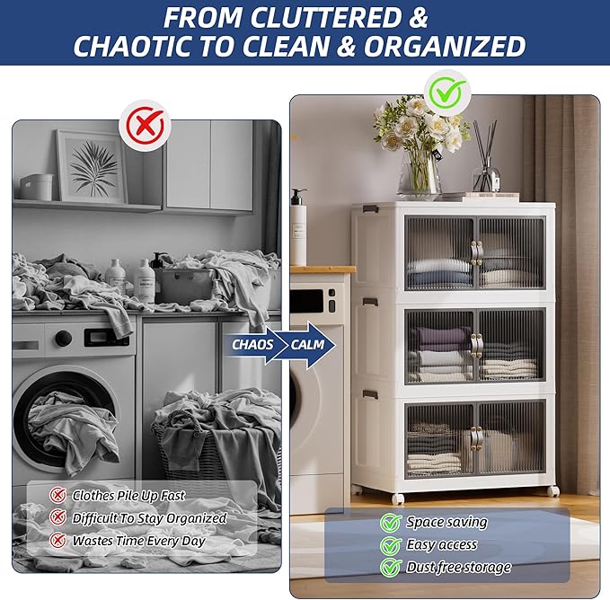 SAILUN 87Gal/348Qt Stackable Storage Bins Folding Collapsible Storage Bins with a Lid, Closet Organizers and Storage,White 26" W x 17" D x 43.7" H