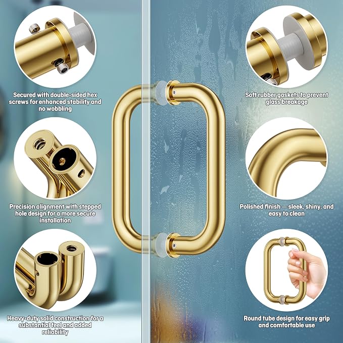 Ranbo Polished Gold 6" （CTC） Tubular Back-to-Back Shower Door Handle，3/4" Diameter Pull Handles with Metal Washers, for 1/4"- 1/2" Thick Glass and 1-3/8" - 2-1/6" Thick Wooden or Metal Doors