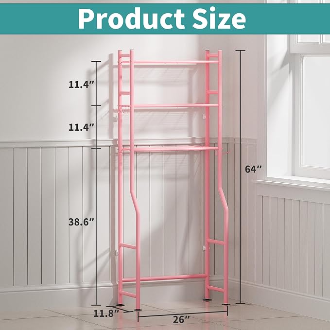 3-Tier Over The Toilet Storage Organizer, Space-Saving Bathroom Rack with Paper Holder & 4 Hooks, 64" Tall Freestanding Carbon Steel Shelf for Small Apartment Laundry Room (Pink)