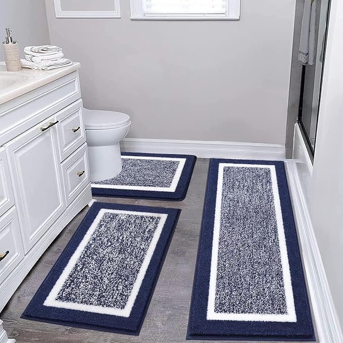 Pauwer Bathroom Rugs Sets 3 Piece Bathroom Shower Rugs with U-Shaped Contour Toilet Mat Absorbent Microfiber Plush Bath Mats Non Slip Bath Rugs Machine Washable Shaggy Bathroom Floor Mats, Navy