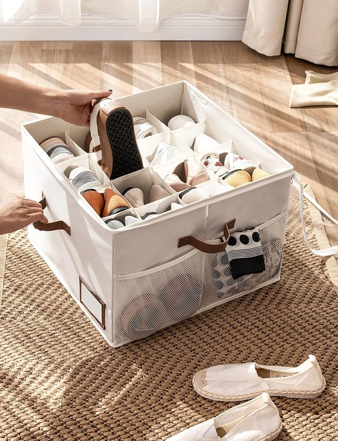 StorageWorks Shoe Organizer for Closet, Shoe Storage Bins with Clear Lid, Fabric Shoe Boxes with Side Mesh Pockets, Closet and Storage Bins for Slippers and Flats, Holds Up to 16 Pairs, Beige