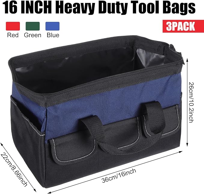 Sanwuta 3 Pack Tool Bag for Men with Waterproof Hard Bottom, Heavy Duty Tool Bag Wide Mouth Tote for Various Instrument, Electrician Carpenter Mechanic(Red, Army Green, Blue,16 Inch,Side Pockets)