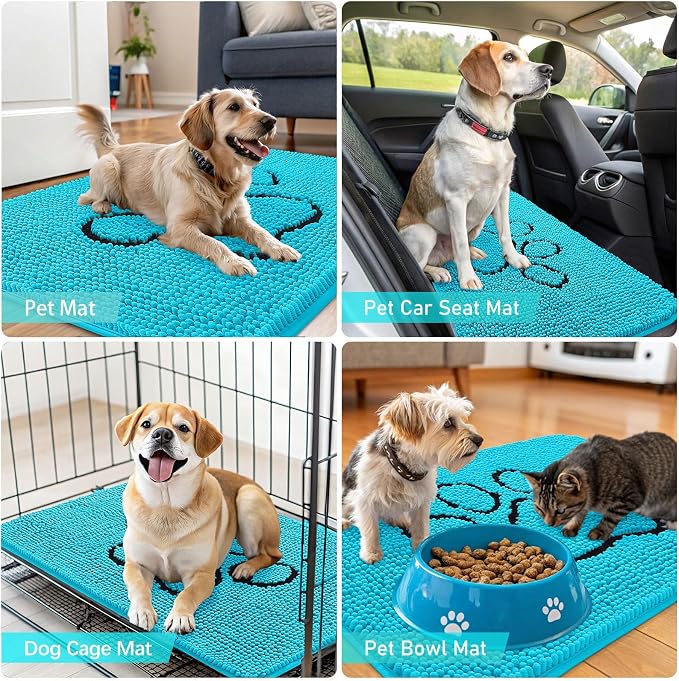 OLANLY Dog Door Mat for Muddy Paws 30x20, Paw Print Design, Absorbs Moisture and Dirt, Absorbent Non-Slip Washable Doormat, Quick Dry Chenille Mud Mat for Dogs, Entry Indoor Entryway Carpet, Aqua Blue