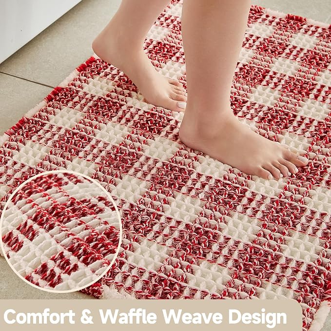 TYUU Waffle Runner Rug Bathroom, Long Boho Christmas Bathroom Rugs Non Slip Washable Absorbent Checkered Bathroom Mat Quick Dry Cute Bath Mat, 72"x24" Red and White