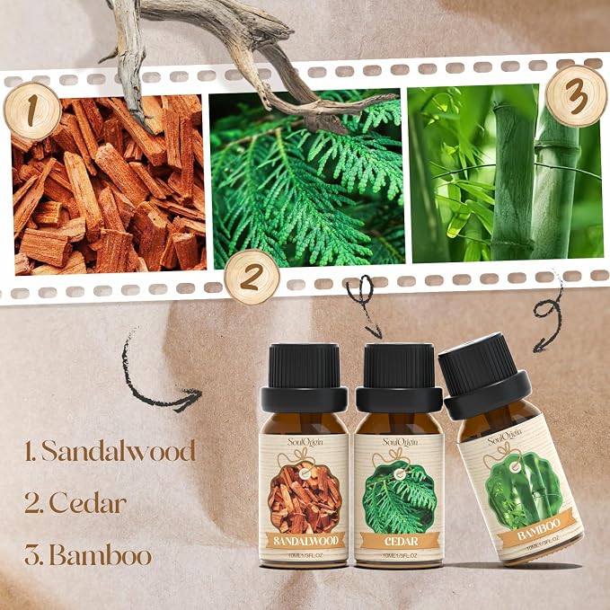 Soulorigin Woody Essential Oils Set, Fragrance Oil Set for Diffuser, Scent Diffuser Oil for Candle Making- Sandalwood, Cedar, Bamboo, Teak, Vetiver, Forest Pine
