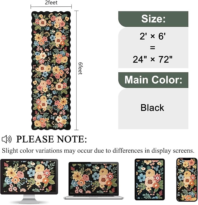 DUKINO 2x6 Runner Rug for Hallway, Washable Kitchen Rug with Non Slip Backing & Non-Shediing, Soft Low Pile Floral Design Runner for Bedroom, Kithchen, Living Room, Laundry, Bathroom, Black