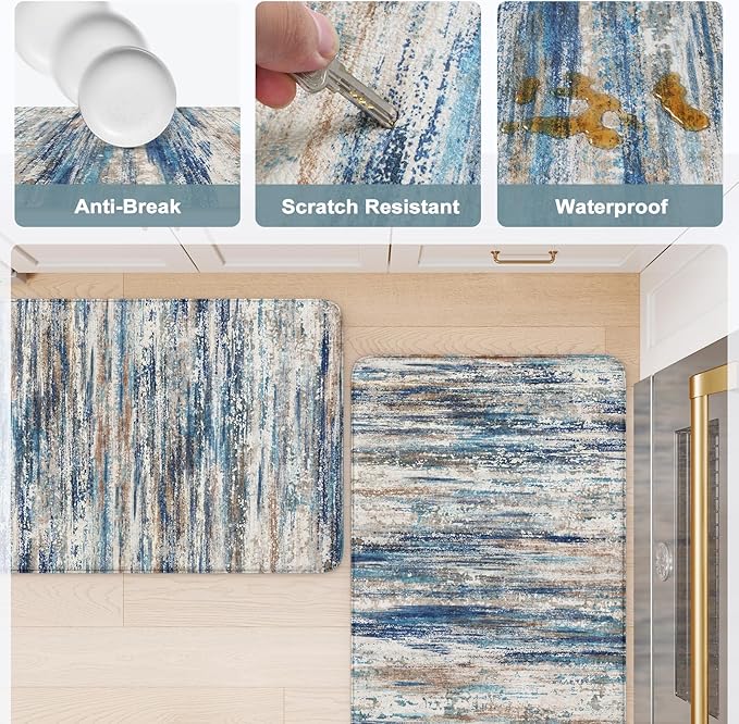 KIMODE Kitchen Mats for Floor Anti Fatigue, 17"x47"+17"x29" Farmhouse Kitchen Rugs Sets of 2, Padded Kitchen Floor Mats, Comfort Standing Mats for Sink Laundry Office Desk Dark Blue Grey