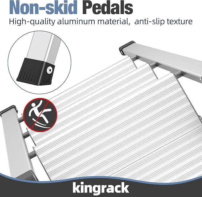 KINGRACK Aluminum Step Ladder, 3 Step Ladder Folding Design, Step Stool Foldable with Safe Grip, Non-Slip Handrails, Safety Lock, Heavy Duty 330LBS for Home, Kitchen, Garage, RV, Silver