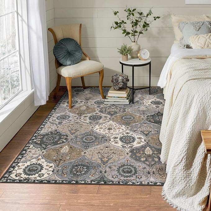 Lahome Moroccan Trellis Washable Area Rugs, 3x5 Rug for Bedroom Entryway Indoor Non-Slip, Small Oriental Accent Carpet for Living Room Kitchen Bathroom Office Elise, Grey