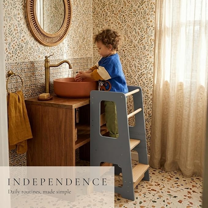 Toddler Tower for Kids, Adjustable Wooden Standing Tower & Kitchen Step Stool, Anti-Tip Montessori Tower with Removable Safety Rails & Non-Slip Steps - Sustainable Reclaimed Wood (Gray)