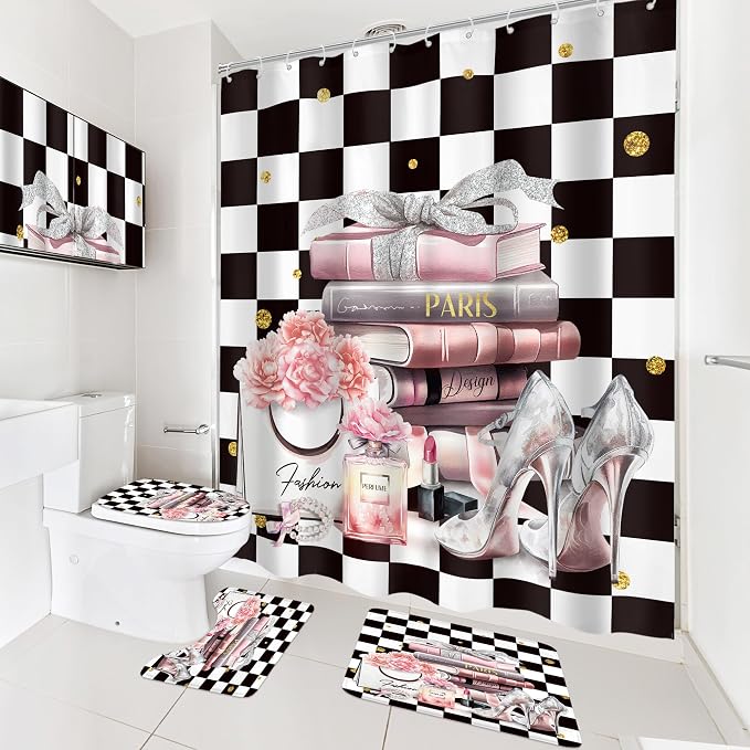 4Pcs Black white Checkered Plaid Shower Curtain Set, Pink Fashion Flower Perfume High Heels Books Bathroom Curtain with Rug, Toilet Lid Cover, Bath Mat, Women Girl Shower Curtain with 12 Hooks