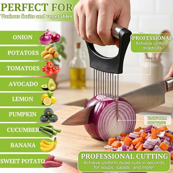 JAYVAR Onion Holder for Slicing,304 Stainless Steel Onion Slice Holder with 10 Long Needles,Onions Cutter Vegetable Chopper,Onions Chopper Tool,Food Slicing Guide for Neat Slicing,Tomato Potato Cutter