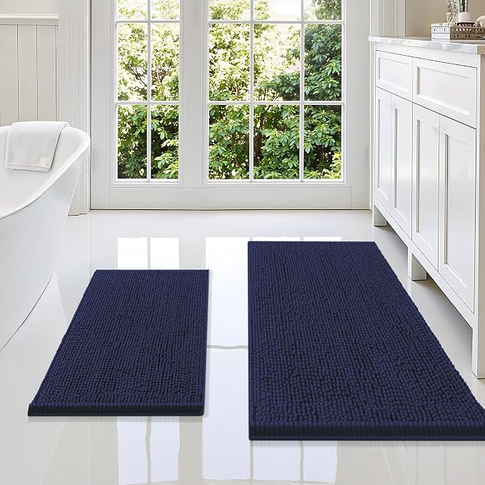 Smiry Bathroom Rugs Sets 2 Piece, Soft Absorbent Chenille Machine Washable Non Slip Shaggy Bath Rug Set for Tub, Shower, and Floor (36x24+24x16, Navy Blue)