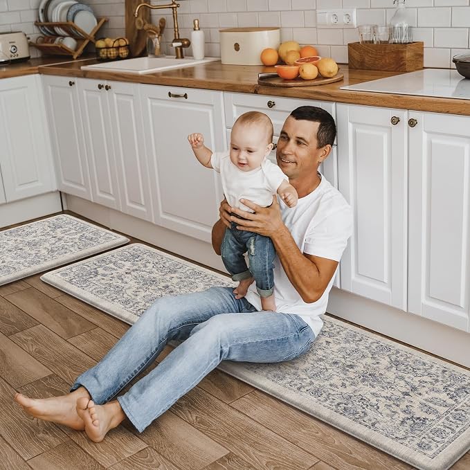KIMODE Anti Fatigue Kitchen Mats, Floral Distressed Kitchen Rugs Sets of 2, Cushioned Non Skid Kitchen Mats for Floor, Comfort Kitchen Floor Mats for Sink, Laundry, Desk Blue Multi 17"x59"+17"x29"