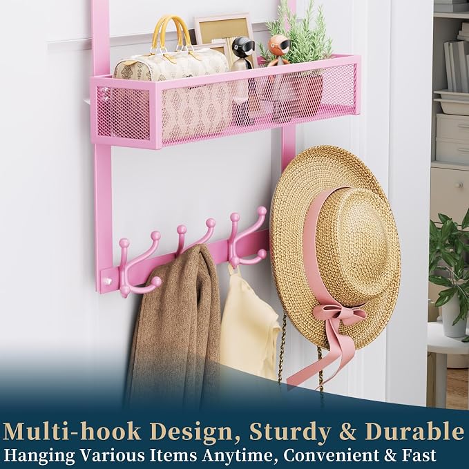 Consumest Over The Door Hooks Organizer - 2 Tier Over Door Hanger with 16 Hooks & 2 Baskets for Hanging Coat, Clothing, Towel, Back Storage for Bathroom, Closet, College Dorm, Pink