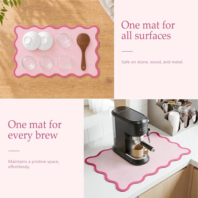Scalloped Dish Drying Mat for Kitchen Counter, Absorbent Easy Clean Non-slip Coffee Bar Station Accessories, Trendy Cute Aesthetic Modern Drainer Kitchen Drying Mat, Pink 12" x 19"
