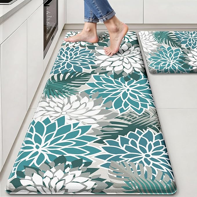 Arenarug Kitchen Mats for Floor 2PCS Cushioned Anti Fatigue Kitchen Mats Waterproof Non Slip Kitchen Mat Rug Set Comfort Foam Standing Mat for Sink, Laundry, Office, 24"x39"+24"x59", Teal