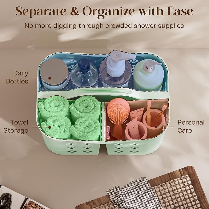 PQH Portable Shower Caddy with Handle, Large Capacity Shower Basket Organizer, Quick-Drain Bathroom Storage Tote, Durable Plastic Shower Organizer for College Dorm, Beach, Gym Essentials, MintGreen