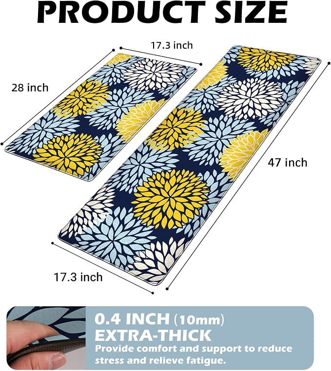 Kitchen Mats Set of 2 Cushioned Anti Fatigue Kitchen Rugs Non Slip Waterproof Kitchen Runner Memory Foam Floor Mat Comfort Standing Mat for Sink,Office,Laundry, Navy Yellow