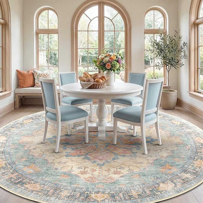 RELEANY Area Rugs Round 10ft Washable Non-Slip, Floral Vintage Distress Medallion Carpet for Living Room Bedroom Dining Room, Blue Orange Red