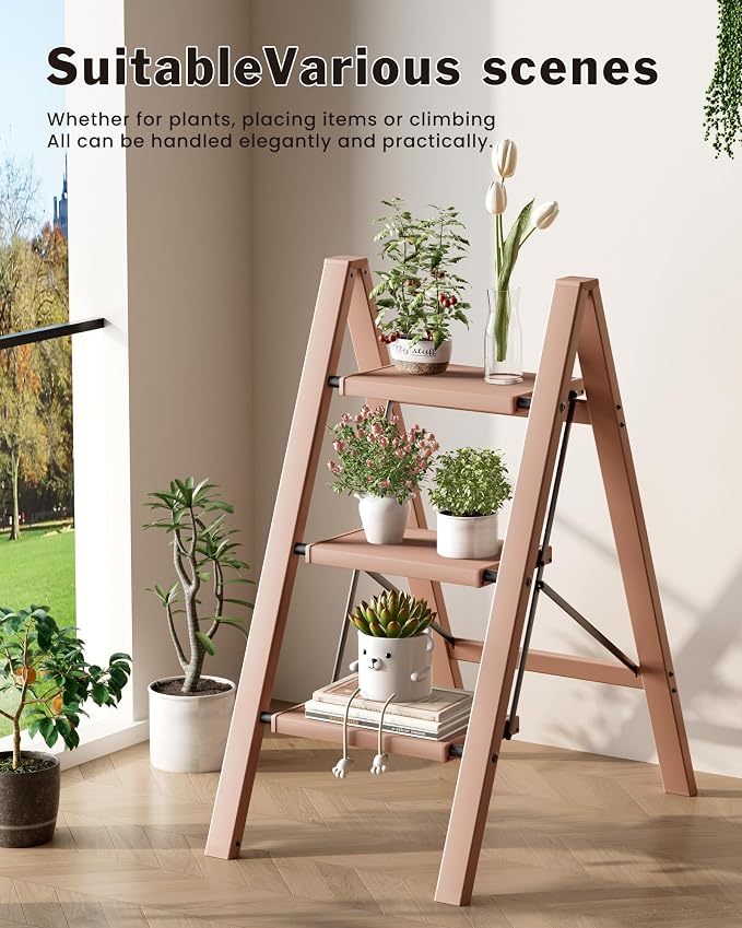 3 Step Ladder, Aluminum Lightweight Folding 3 Step Stool with Anti-Slip Wide Pedal, 330lbs Capacity Ladder for Household,Library,Office(Light Peach Pink)