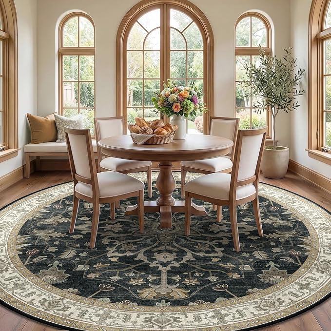 RELEANY Area Rugs Round 10ft Washable Non-Slip, Floral Vintage Distress Medallion Carpet for Living Room Bedroom Dining Room, Vintage Black Brown Neutral