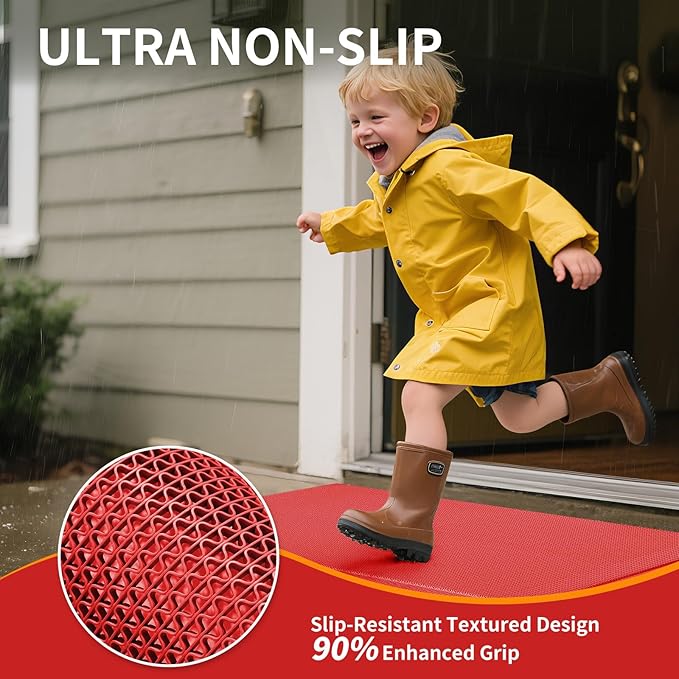 Front Door Mat 31''x47'', Drainage Heavy Duty Dirt Trapping Non-Slip Doormats, Outdoor Rubber Floor Mats, Restaurant Commercial Kitchen Industral Pool Entrance Bar Wet Area, Red