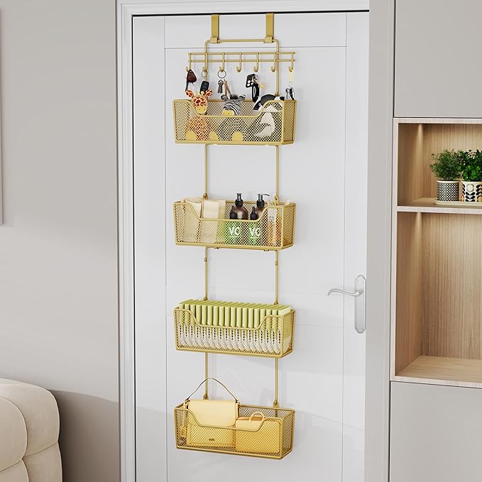 HapiRm Over The Door Organizer - Hanging Door Organizer with 4 Metal Large Capacity Baskets and Adjustable Coat Hook for Bathroom Bedroom Kitchen Pantry Closet Cabinet