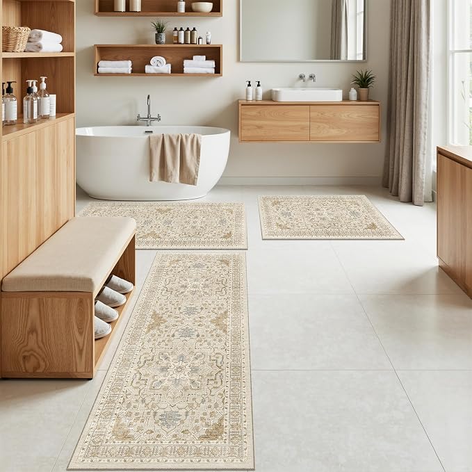 Madane Washable Kitchen Rug Set of 3, Small Area Rug Non-Slip Vintage Entryway Door Mat Indoor Entrance, Low Pile Floor Carpet Runner for Inside Front Door Entry Laundry (2x3+2x4+2x5, Beige/Blue)