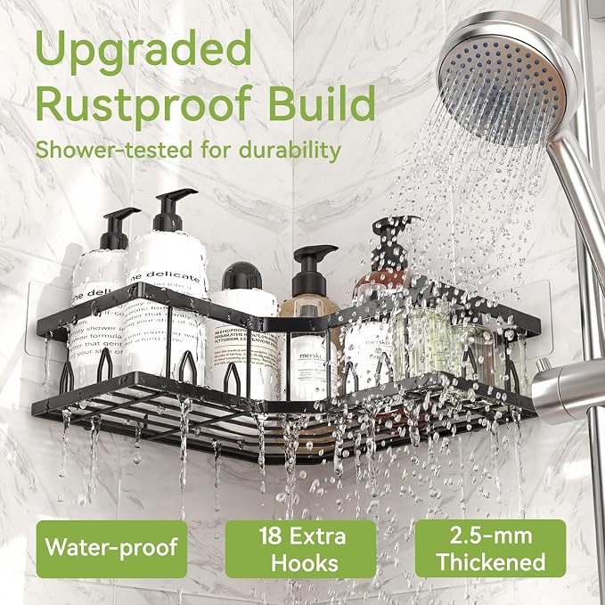 Shower Shelf Corner, Adhesive Shower Caddy Rustproof, Shower Shelves Corner with Soap Holder, No Drilling Shower Corner Organizer for Dorm, Renters Bathroom, Black, 3 Pack