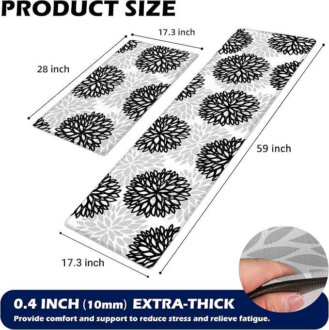 Kitchen Mats Set of 2 Cushioned Anti Fatigue Kitchen Rugs Non Slip Waterproof Runner Memory Foam Kitchen Floor Mat Comfort Standing Mat for Sink, Office, Laundry, Black Gray